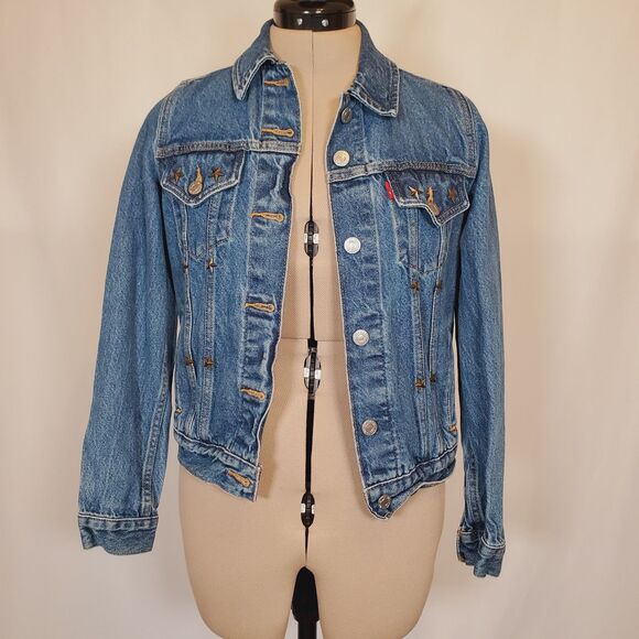 Levi’s Women’s Denim Jacket XS Blue Medium Wash Cotton Vintage Y2K Brass Stars - Picture 2 of 9